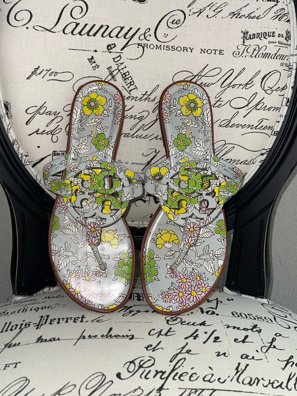 TORY BURCH Miller Floral Blue Green Yellow Wallpaper Leather Sandal Retro 70s 10 - Picture 3 of 10